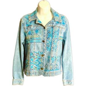 Spring Sale🌼 Ruby Road vintage, real turquoise, beads, embroidery, jean jacket